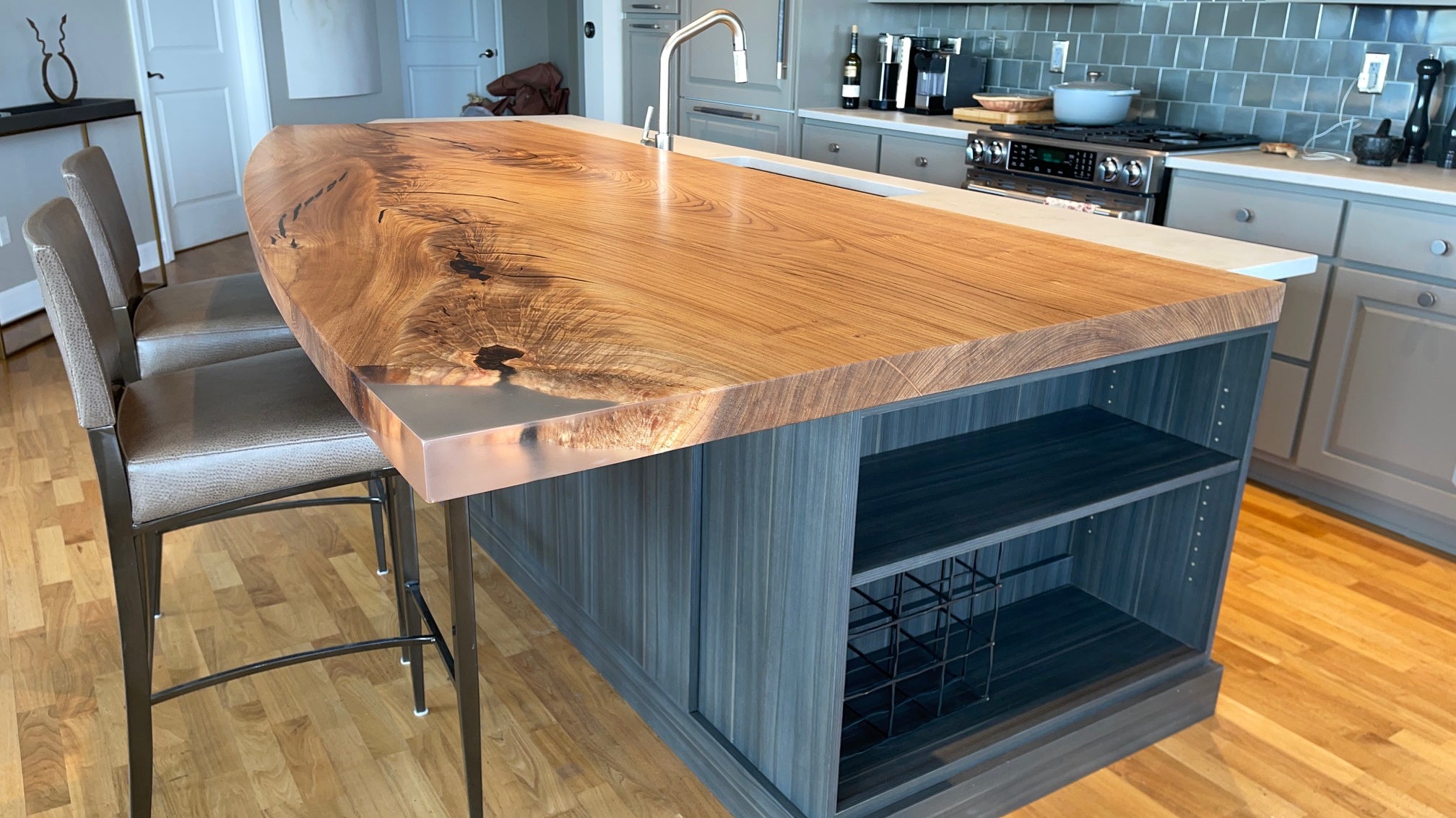 Elm Wooden Slab with Resin Epoxy Detail Kitchen Island Extension