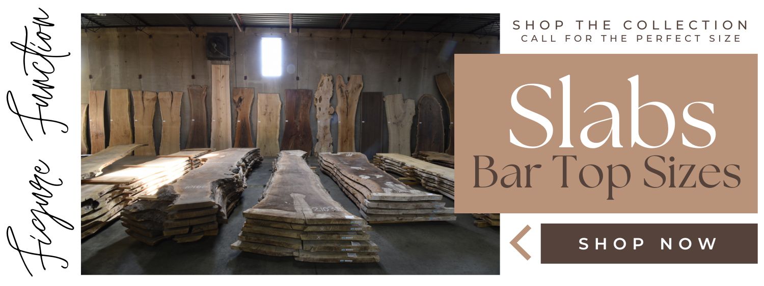 Interactive shoppable image with options to get more information about the species of bar top sized slabs by clicking on the circles.