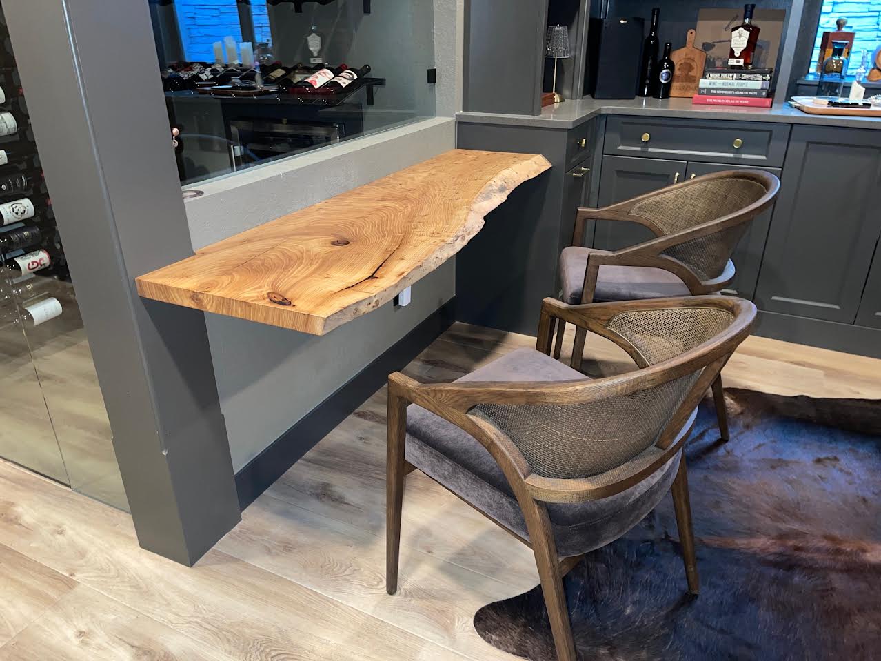 Live edge solid wood elm bar top and wine serving table.