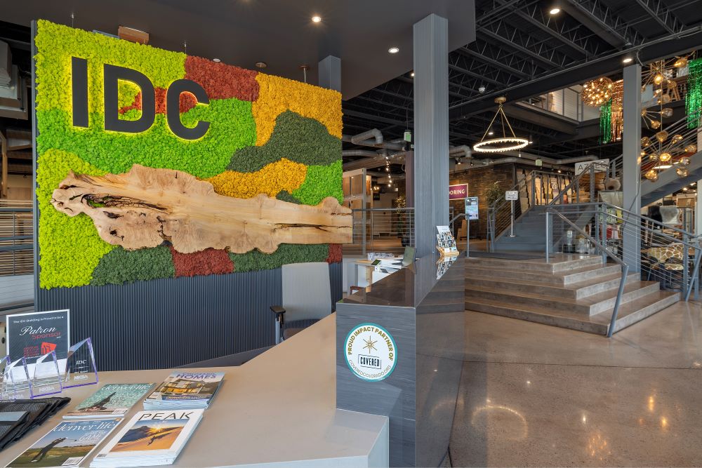 IDC interior sign featuring a maple burl slab wrap crafted by CS Woods.