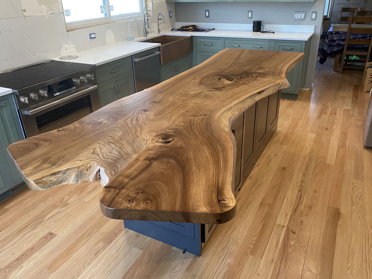 Elm slab live edge kitchen counter bar top.