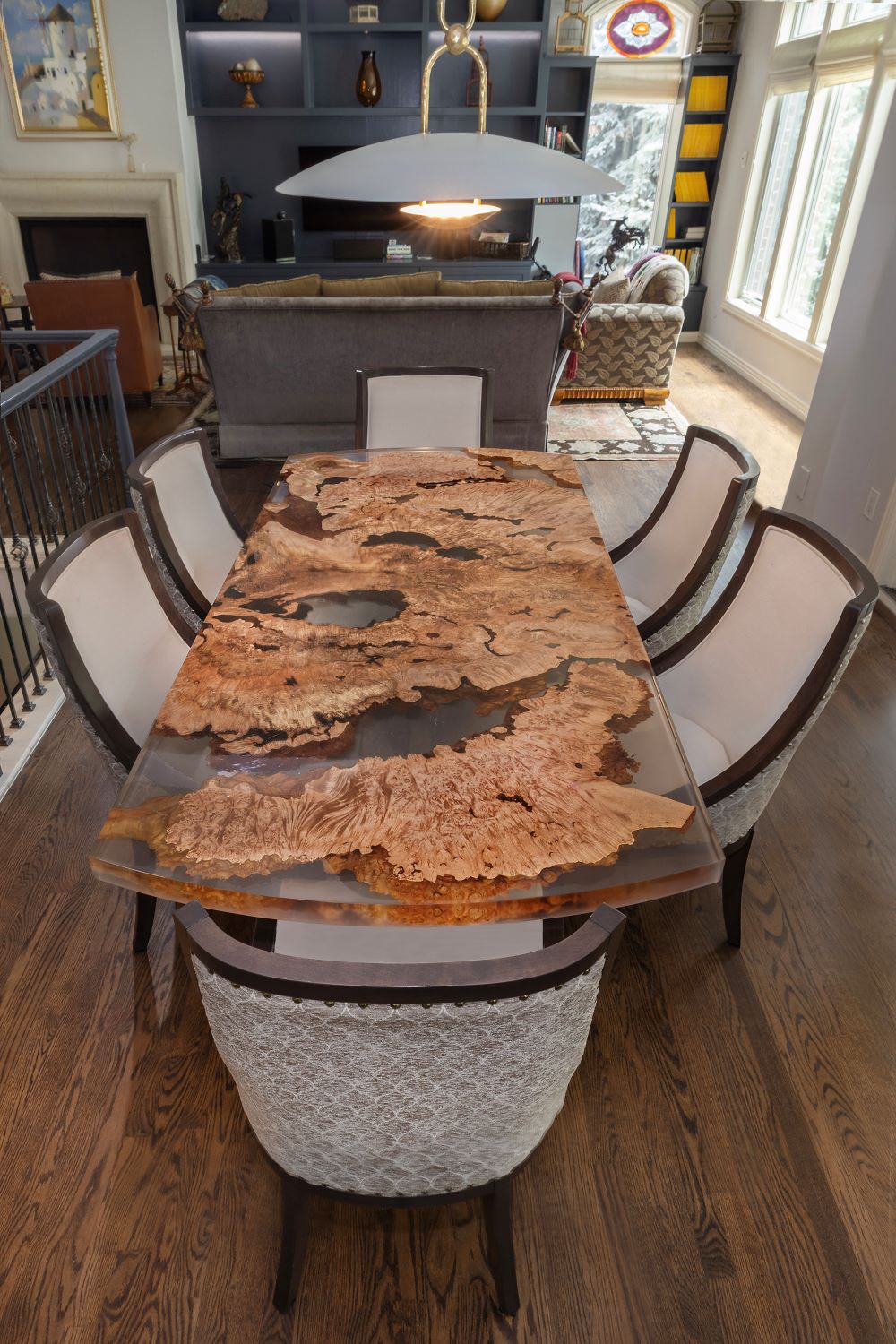 Luxury Maple Burl and clear epoxy dining table.