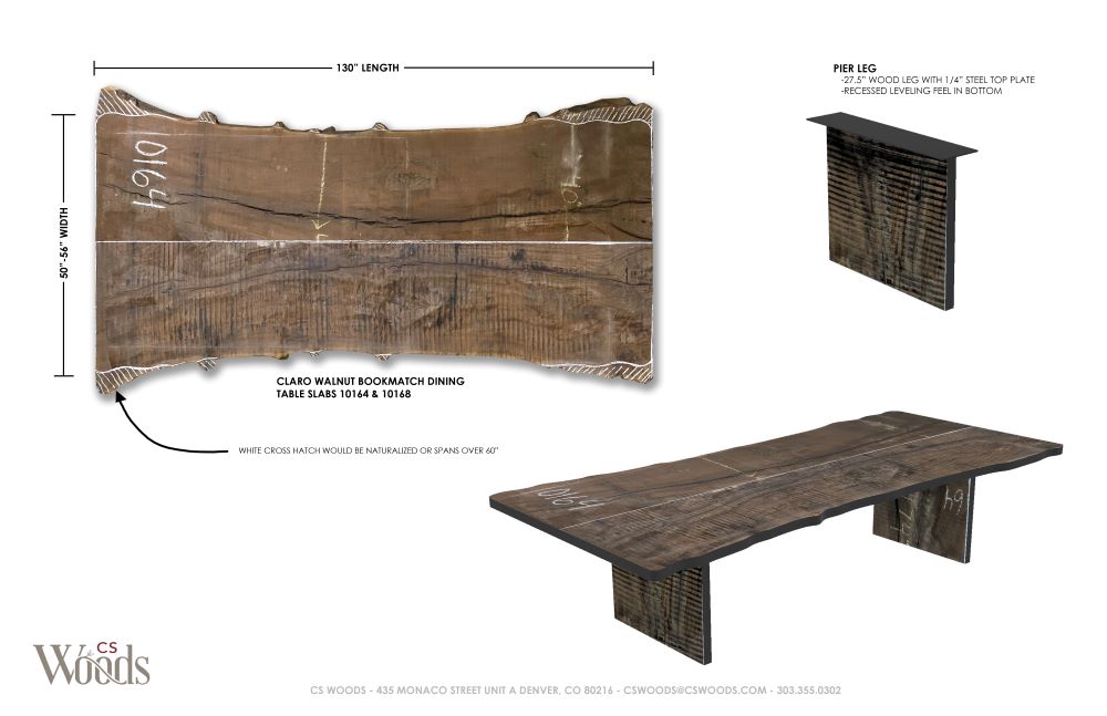 Graphic rendering of how a walnut solid wood slab is crafted into a custom dining table for a client. 