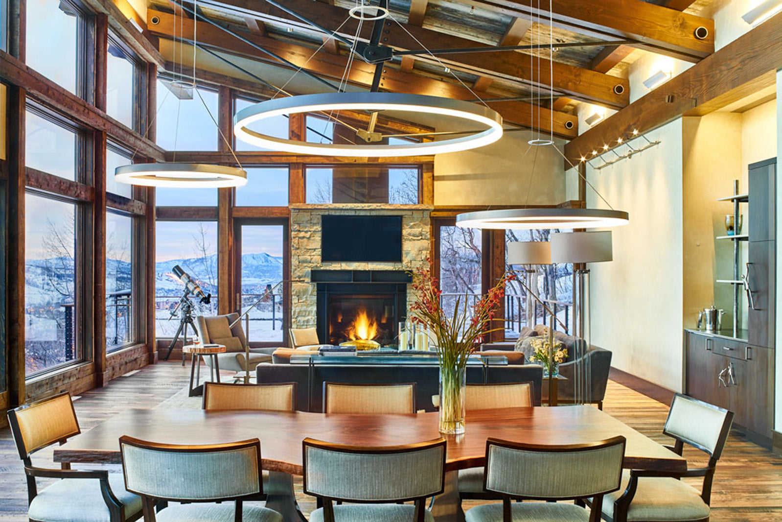Modern dining room featuring a live edge solid wood dining table crafted by CSWoods. 